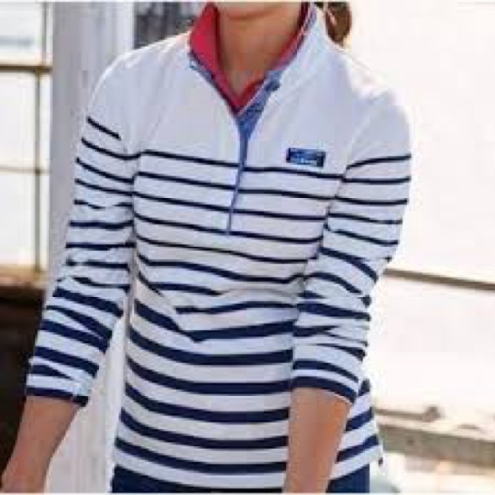 L.L. Bean White and Navy Striped Long Sleeve Quarter-Zip Tee